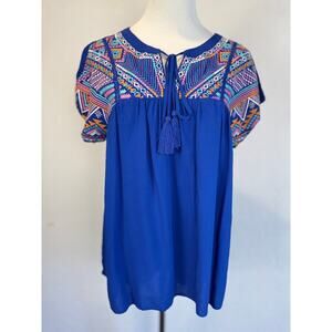 Savanna Jane‎ Embroidered Top Blue Boho Peasant Blouse Cap Sleeve Size S